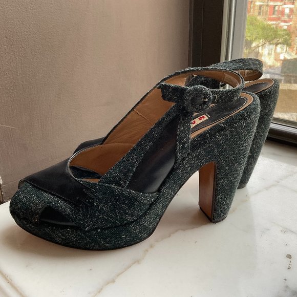 MARNI dark green tweed and black leather platform  pumps - Picture 2 of 8